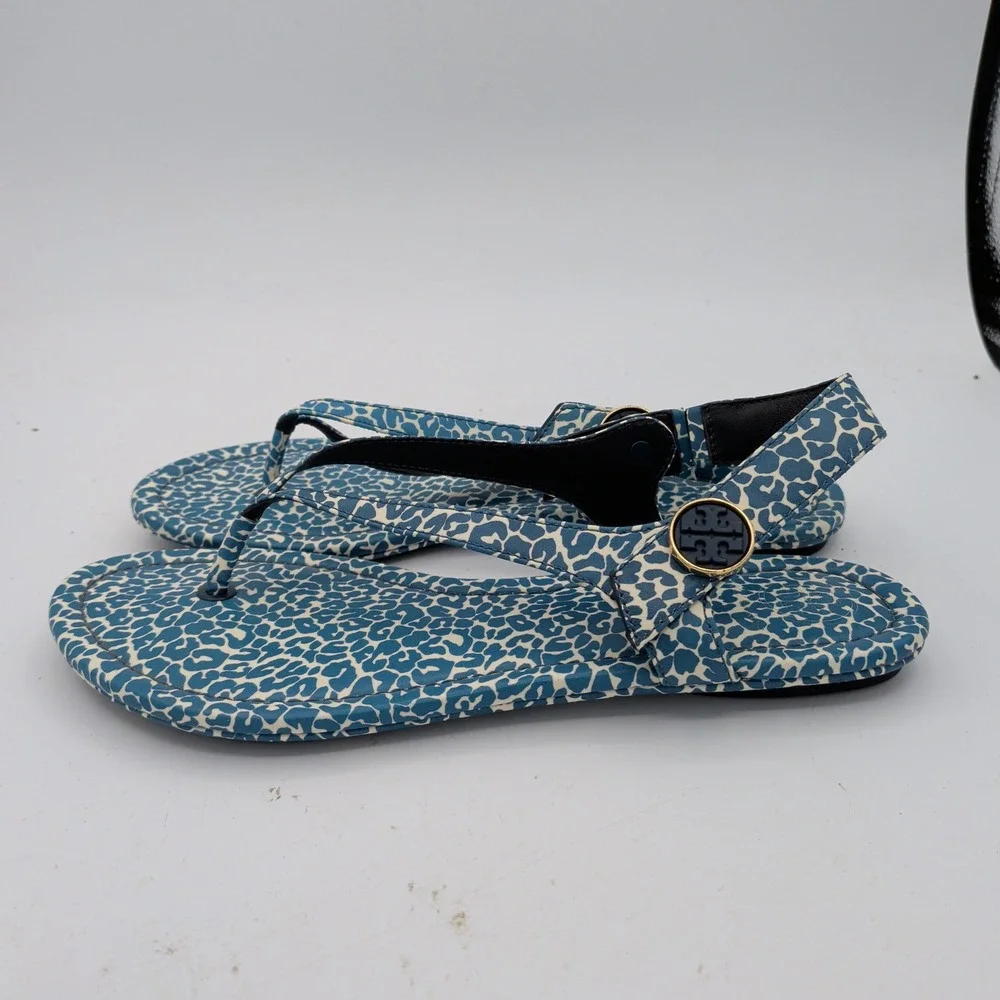 Tory Burch Minnie Travel Sandal Blue Leopard Print Leather Thong Slingback 8M